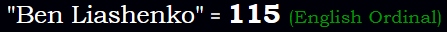 "Ben Liashenko" = 115 (English Ordinal)