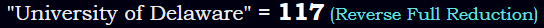 "University of Delaware" = 117 (Reverse Full Reduction)