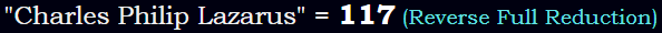 "Charles Philip Lazarus" = 117 (Reverse Full Reduction)