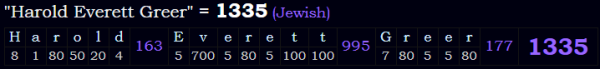 "Harold Everett Greer" = 1335 (Jewish)