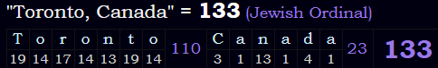 "Toronto, Canada" = 133 (Jewish Ordinal)