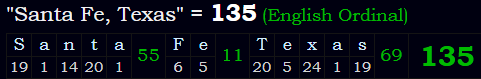 "Santa Fe, Texas" = 135 (English Ordinal)