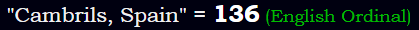 "Cambrils, Spain" = 136 (English Ordinal)