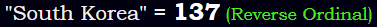 "South Korea" = 137 (Reverse Ordinal)