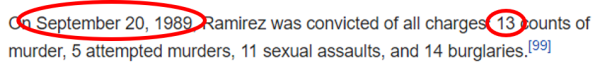 On September 20, 1989, Ramirez was convicted of all charges: 13 counts of murder, 5 attempted murders, 11 sexual assaults, and 14 burglaries.
