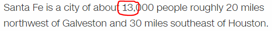 Santa Fe is a city of about 13,000 people roughly 20 miles northwest of Galveston and 30 miles southeast of Houston.