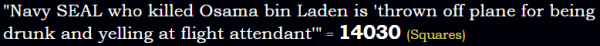 "Navy SEAL who killed Osama bin Laden is 'thrown off plane for being drunk and yelling at flight attendant'" = 14030 (Squares)