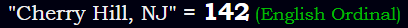 "Cherry Hill, NJ" = 142 (English Ordinal)