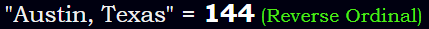 "Austin, Texas" = 144 (Reverse Ordinal)