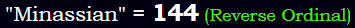 "Minassian" = 144 (Reverse Ordinal)