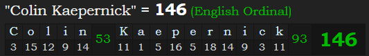 "Colin Kaepernick" = 146 (English Ordinal)