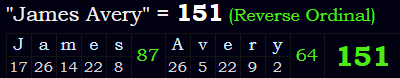 "James Avery" = 151 (Reverse Ordinal)