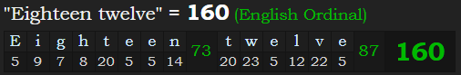"Eighteen twelve" = 160 (English Ordinal)