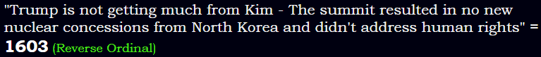 "Trump is not getting much from Kim - The summit resulted in no new nuclear concessions from North Korea and didn't address human rights" = 1603 (Reverse Ordinal)