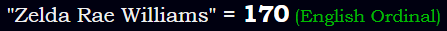 "Zelda Rae Williams" = 170 (English Ordinal)