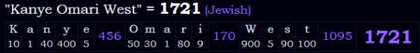 "Kanye Omari West" = 1721 (Jewish)
