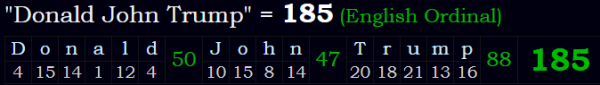 "Donald John Trump" = 185 (English Ordinal)