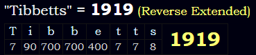 "Tibbetts" = 1919 (Reverse Extended)