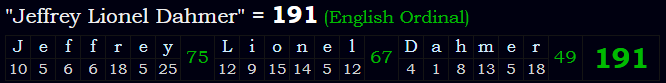 "Jeffrey Lionel Dahmer" = 191 (English Ordinal)