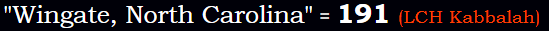 "Wingate, North Carolina" = 191 (LCH Kabbalah)