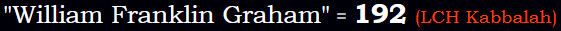 "William Franklin Graham" = 192 (LCH Kabbalah)