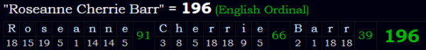 "Roseanne Cherrie Barr" = 196 (English Ordinal)