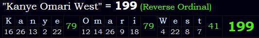 "Kanye Omari West" = 199 (Reverse Ordinal)