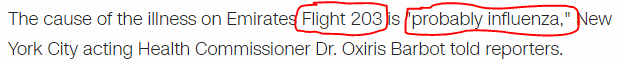 The cause of the illness on Emirates Flight 203 is "probably influenza," New York City acting Health Commissioner Dr. Oxiris Barbot told reporters.