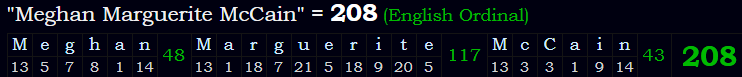 "Meghan Marguerite McCain" = 208 (English Ordinal)