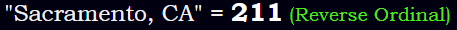 "Sacramento, CA" = 211 (Reverse Ordinal)