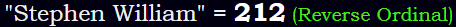 "Stephen William" = 212 (Reverse Ordinal)