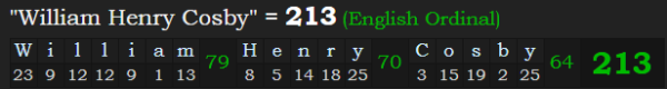 "William Henry Cosby" = 213 (English Ordinal)