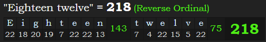 "Eighteen twelve" = 218 (Reverse Ordinal)