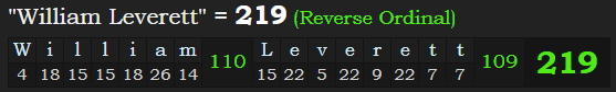 "William Leverett" = 219 (Reverse Ordinal)