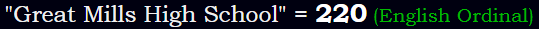 "Great Mills High School" = 220 (English Ordinal)