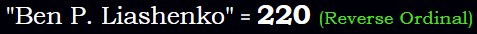 "Ben P. Liashenko" = 220 (Reverse Ordinal)