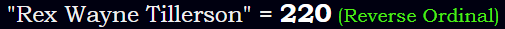 "Rex Wayne Tillerson" = 220 (Reverse Ordinal)