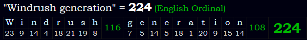 "Windrush generation" = 224 (English Ordinal)
