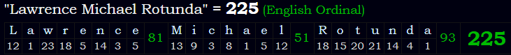 "Lawrence Michael Rotunda" = 225 (English Ordinal)