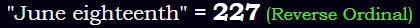 "June eighteenth" = 227 (Reverse Ordinal)