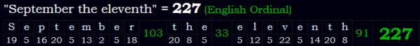 "September the eleventh" = 227 (English Ordinal)