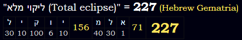 "ליקוי מלא (Total eclipse)" = 227 (Hebrew Gematria)