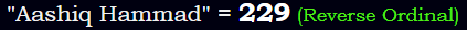"Aashiq Hammad" = 229 (Reverse Ordinal)