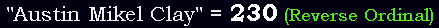 "Austin Mikel Clay" = 230 (Reverse Ordinal)