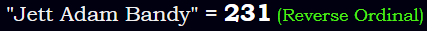 "Jett Adam Bandy" = 231 (Reverse Ordinal)