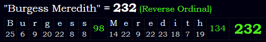 "Burgess Meredith" = 232 (Reverse Ordinal)