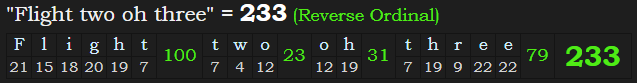 "Flight two oh three" = 233 (Reverse Ordinal)