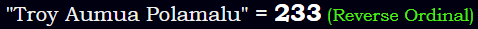 "Troy Aumua Polamalu" = 233 (Reverse Ordinal)