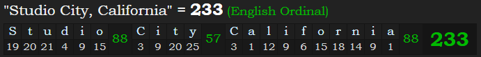 "Studio City, California" = 233 (English Ordinal)