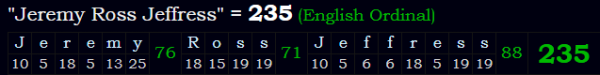 "Jeremy Ross Jeffress" = 235 (English Ordinal)